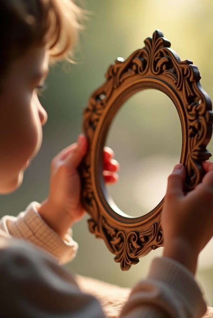 kids hand holding a round picture frame