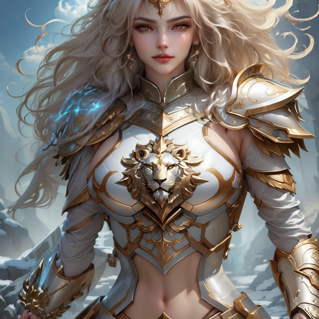 a close up of a woman in armor with a lion on her chest, fantasy paladin woman, gorgeous goddess of leo, stunning character art, epic exquisite character art, karol bak uhd, detailed fantasy art, fantasy character art, epic fantasy character art, gorgeous female paladin, portrait knights of zodiac girl, fantasy woman, of a beautiful female knight