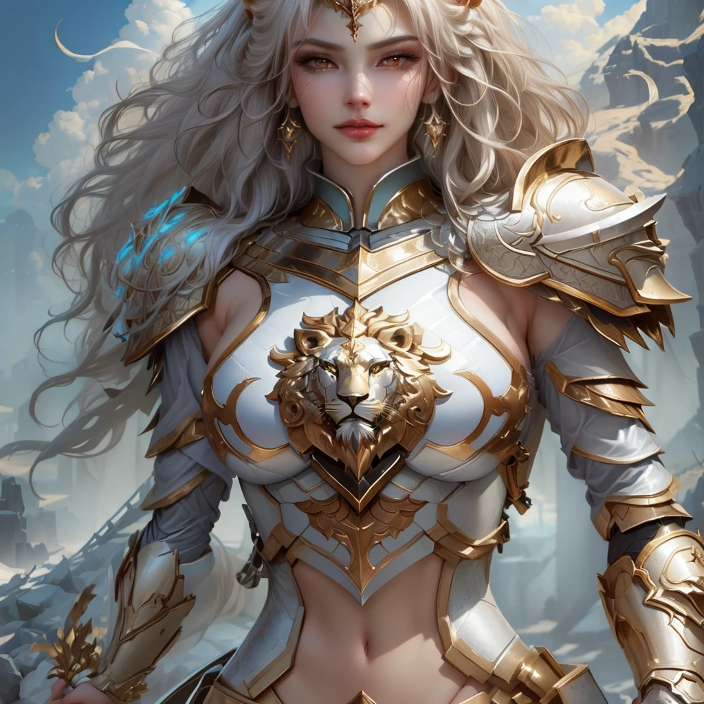 a close up of a woman in armor with a lion on her chest, fantasy paladin woman, gorgeous goddess of leo, stunning character art, epic exquisite character art, karol bak uhd, detailed fantasy art, fantasy character art, epic fantasy character art, gorgeous female paladin, portrait knights of zodiac girl, fantasy woman, of a beautiful female knight
