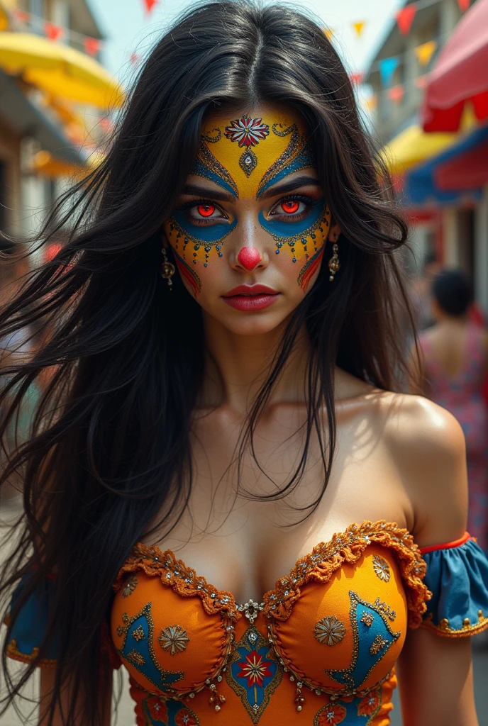A young woman with long, flowing hair and striking red eyes stands with an intense gaze. Her sharp, pointed teeth are subtly visible, adding a touch of mystery to her appearance. She is dressed in a traditional and ornate outfit from the Carnival of Flowers, a vibrant and intricate dress adorned with bright, colorful flowers and elaborate patterns that reflect the exuberance of Colombian culture. Her face is painted with the colors of the Colombian flag: yellow, blue, and red, creating a mesmerizing contrast against her pale skin. The paint is applied in a detailed and artistic manner, with swirling patterns and symbolic elements that capture the festive and cultural spirit of the celebration. The background hints at a lively carnival scene, with colorful decorations and a festive atmosphere, but the focus remains on her, blending beauty and a hint of danger in her enigmatic expression.