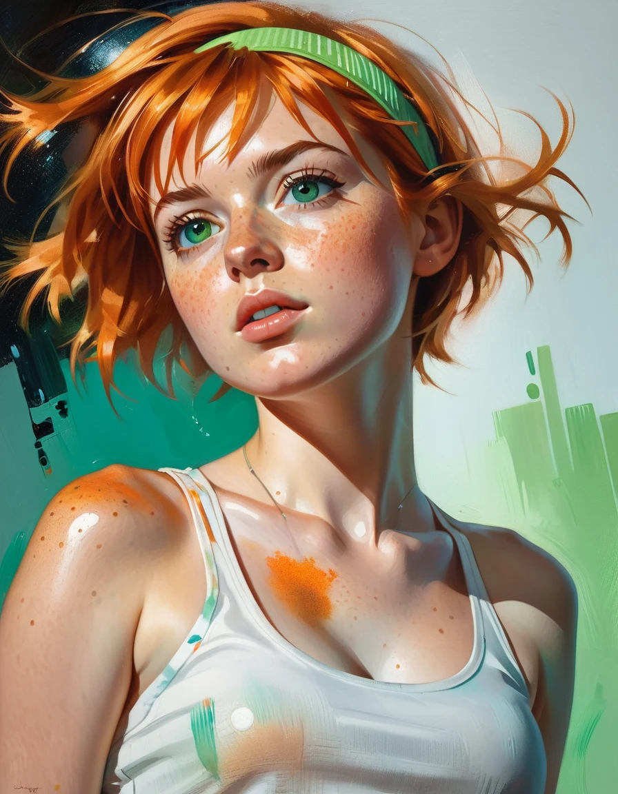 ((Low angle shot) young JuliaAdamenko), (((down view))) (a glance at the low camera). (Hyperrealistic), Very short orange hair, green eyes, Freckles, Cute white Tank top, Mini Shorts, Sports, Sweaty, Medium Breasts, Aesthetics, ((oil painting)), (headband:0.75),(turquoise:0.2),(orange:0.2), (Jeremy Mann:0.5), (John Constable:0.1),(El Greco:0.5),(rough strokes of acrylic paint:0.75), 8K