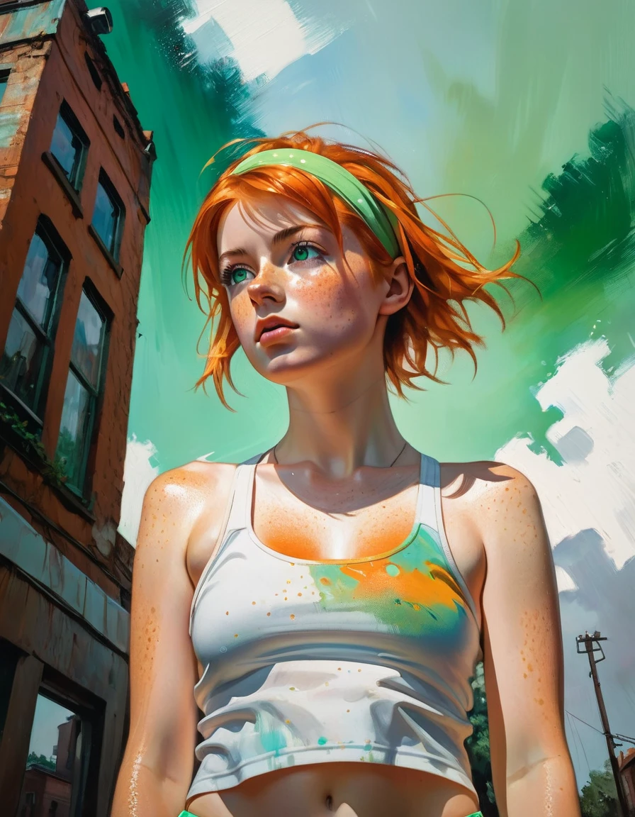 ((Low angle shot) young JuliaAdamenko), (((down view))) (a glance at the low camera). (Hyperrealistic), Very short orange hair, green eyes, Freckles, Cute white Tank top, Mini Shorts, Sports, Sweaty, Medium Breasts, Aesthetics, ((oil painting)), (headband:0.75),(turquoise:0.2),(orange:0.2), (Jeremy Mann:0.5), (John Constable:0.1),(El Greco:0.5),(rough strokes of acrylic paint:0.75), 8K
