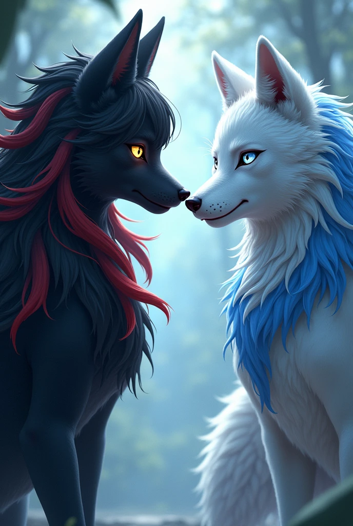 ookami mio, a fair-skinned wolf girl with black hair and red highlights, with golden eyes stands in front of Gray wolf, a pale skinned wolf with blue hair and white streaks, with blue and yellow eyes