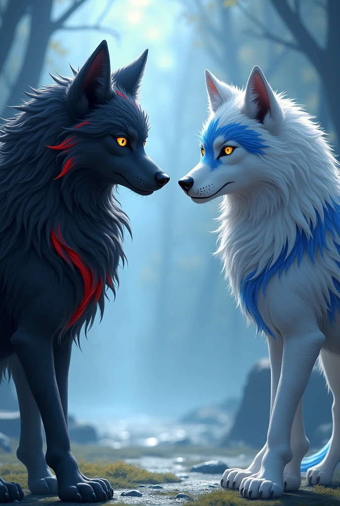 ookami mio, a fair-skinned wolf girl with black hair and red highlights, with golden eyes stands in front of Gray wolf, a pale skinned wolf with blue hair and white streaks, with blue and yellow eyes