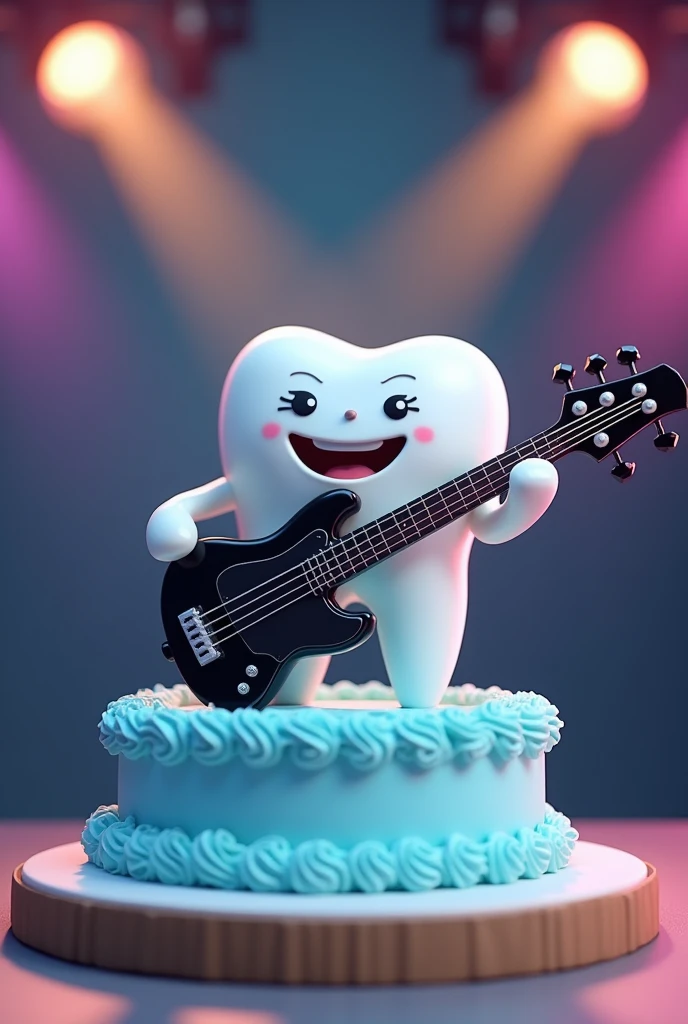 A light blue cake with a little male tooth playing a black electric bass with five strings, with a stage background 