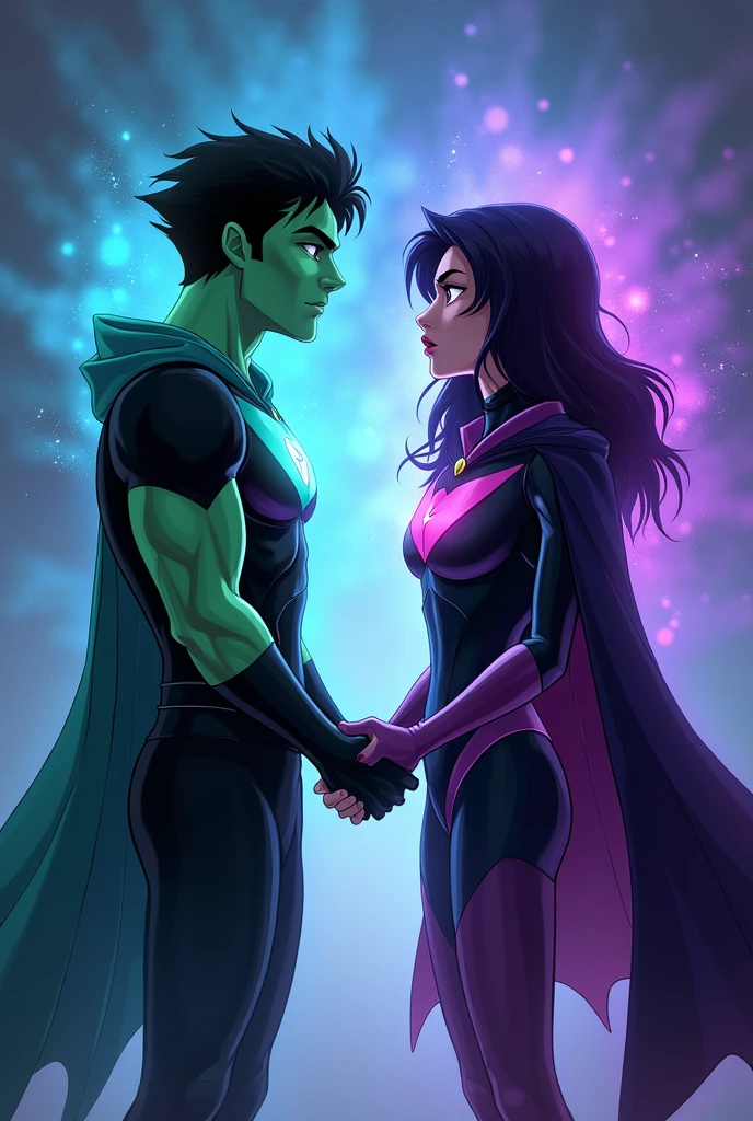 Beast boy and raven holding hands the teen titans aura hearts 