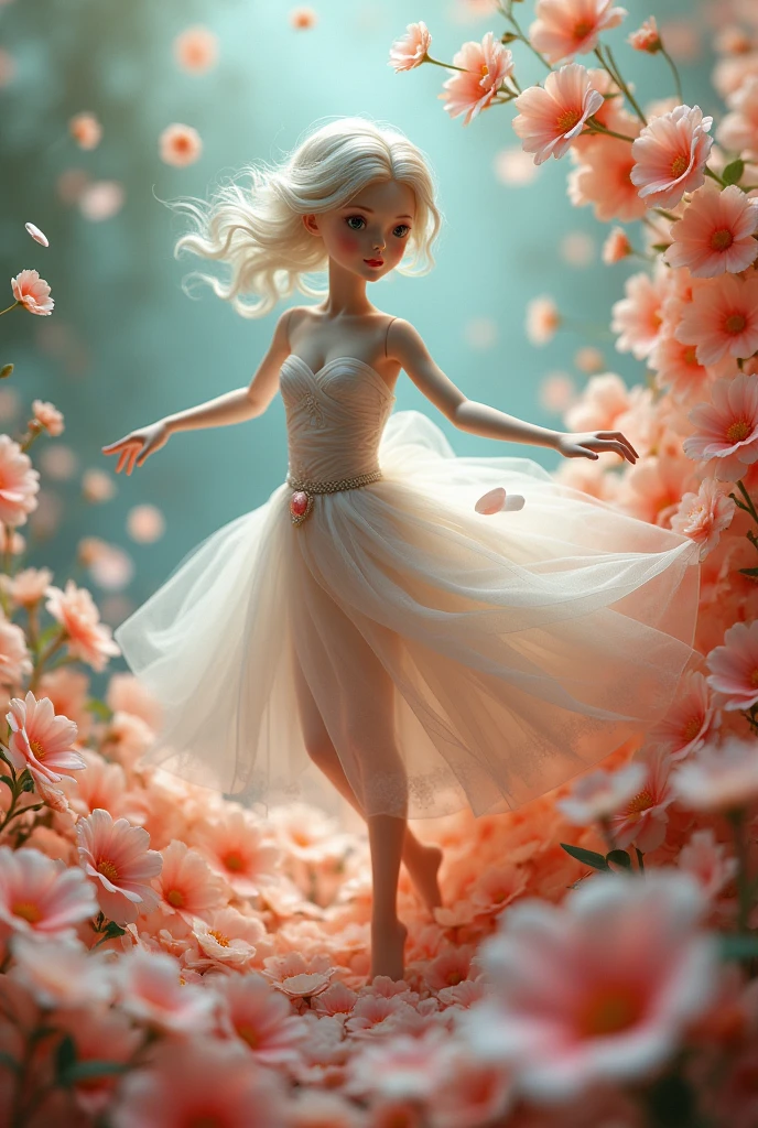 I would like a beautiful doll created with dancing flower petals that transforms as it dances.
