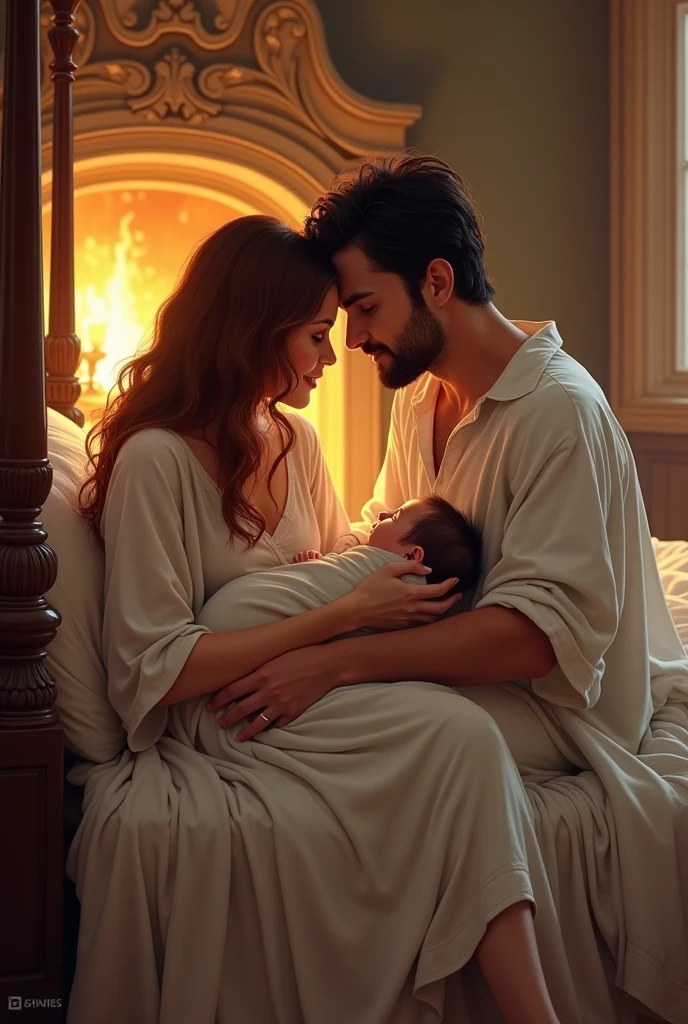 A cover for a fantasy romance novel with the title words “Beneath the Kingdom’s Shadow”: In a utopian sci-fi fantasy world, a farmer’s daughter named Tristin, aged 30, long chestnut hair, unassuming beauty, simple nightgown and she is holding a very tiny swaddled newborn baby girl with a little hint of dark hair, and Prince Kendrick who is 40, taller than Tristin, with short dark hair and a hint of facial hair, in simple relaxed clothes. They are sitting snuggled together on an ornate four-post bed, admiring the baby. Back drop is a warm-toned bedroom with an ornate fireplace