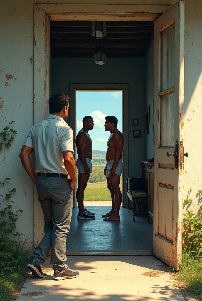 Man reporter in shirt, pants and sneakers outside an old house, on a clear day, looking into a large hall in the house, leaning against the door, having full view of door of puerto rican men standing strong and hairy in underwear next to each other talking looking at closet inside. House lights on.