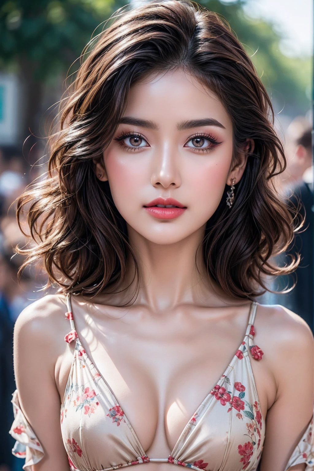 Realism, Realistic, ultra realistic details: velvety skin, symmetrical lips, (light glossy red_lipstick), long blue_eyelashes, pupils, (clear sharp focus, not blurry, Realistic brown_eyes:1.35), BREAK, ultra realistic 8k cg, masterpiece, best quality, intricate details, chromatic aberration, (anatomically correct), (perfect proportions), Hyper-Photorealistic ((portrait)) a cute 1model:1.4 24yo, Caucasian model, incredibly ridiculous, beautiful girl, cute, generate a hyper realistic image of a stunning and sensual woman, perfect natural body, slender but curvy, very detailed shinning long hair, curls hair, messy hair, very detailed brown black glossy eyes, detailed sharp nose, detailed white glistening teeth, detailed perfect symmetrical face, detailed perfect natural round medium breasts, perfect midriff, intricate fabric rendering, Cinematic lighting, ultrarealistic photography, long red hair, woman, 2, hourglass figure, perfect body, Flirty look, natural medium breasts, blur background, ((extremely detailed abstract background, dark background, floral patterns, colorful and vibrant design)), she only wears see-through silk robe, ethereal light, intricate details, extremely detailed, incredible details, full colored, complex details), insanely detailed and intricate, hyper maximalist, extremely detailed with rich colors, Representative, fair skin, rich in details High quality, gorgeous, 8k, super detail, gorgeous light and shadow, detailed decoration, detailed lines, glitter