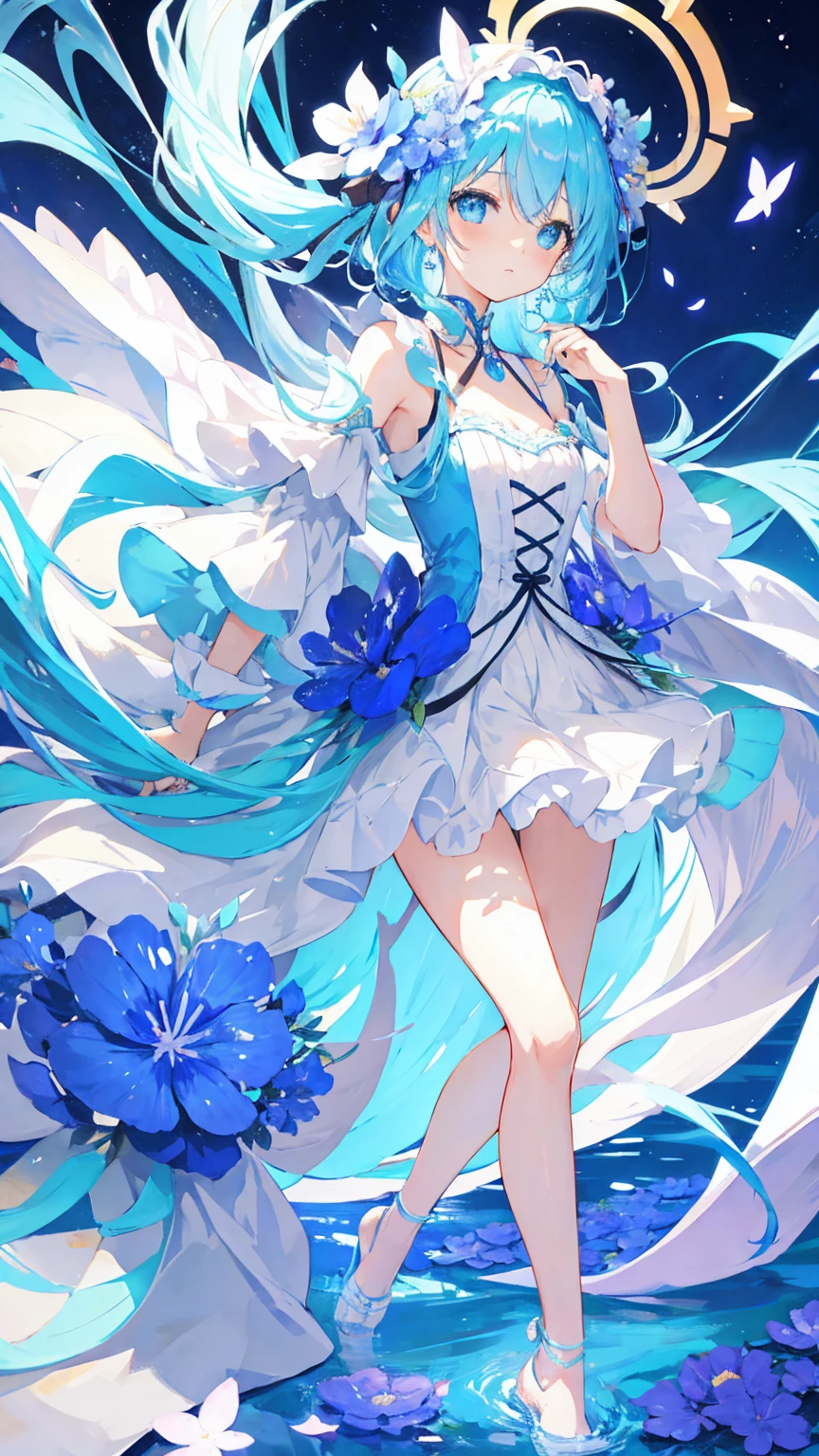 Anime Girl，light blue hair，Flower headdress，Different poses and angles