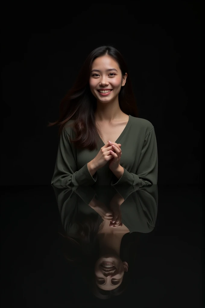 A woman is dressed in a mirror. She is smiling with her hands crossed. The background is black