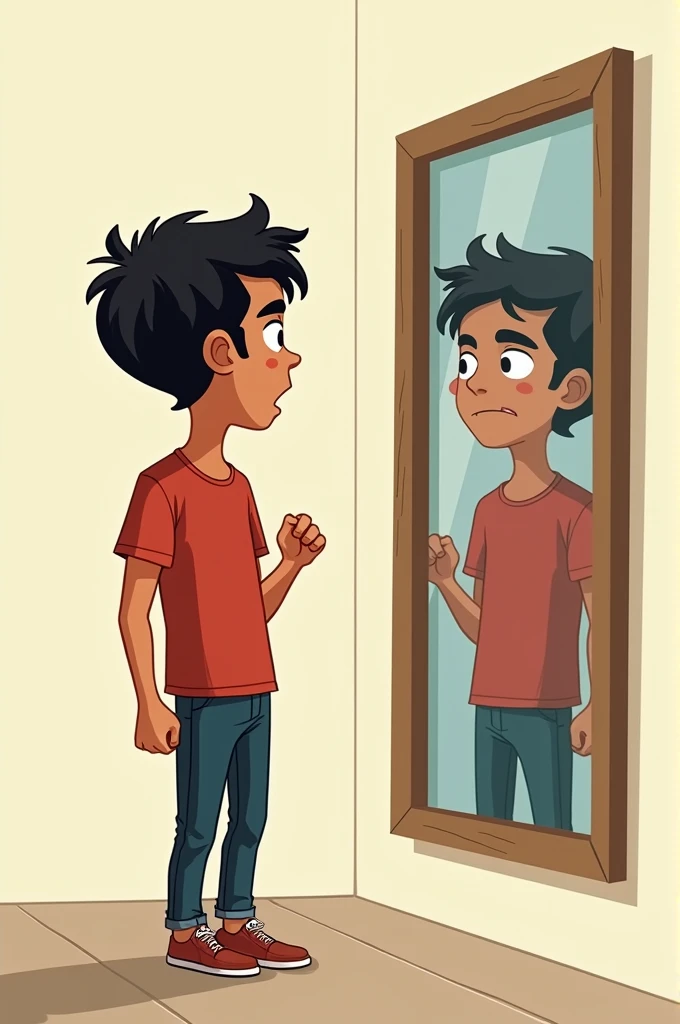 A young man confronting himself, looking honestly to achieve freedom. 
Let it be in cartoon mode and not Chinese 
