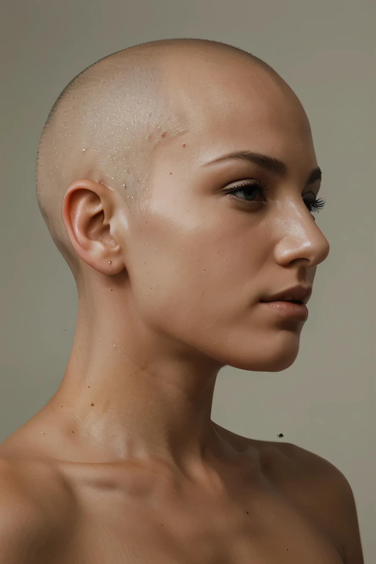 close up of a beautiful bald girl with a shaved head looking left in profile view, detailed skin, even light with low contrast