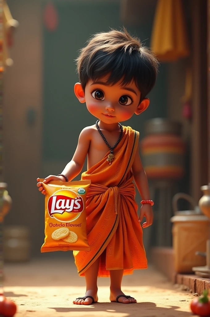 dhoti wearing boy hand on hold potato chips logo