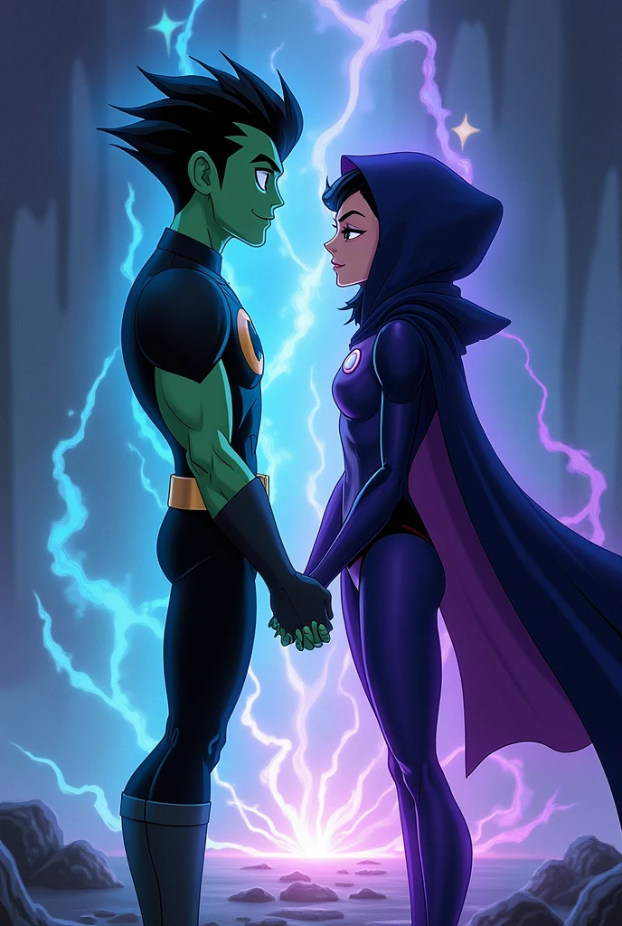 Beast boy and raven holding hands the titans aura hearts
