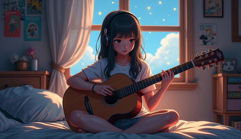 Perfect image, 8k, night、High school girl in a cozy room, Using headphones、Practicing guitar、 2D-style animation, Lo-Fi, Emotional、Retro、Anime style illustrations