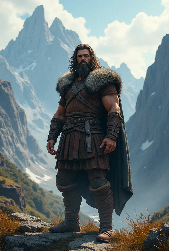 There is a man standing in a mountainous area. He is quite masculine, and has medium shoulder length hair, having a waviness to it and curls at the base of the neck, and the back goes down just past the base of his neck. . He also wears simplistic medieval clothing, looking somewhat like a Viking, short hair, little beard
