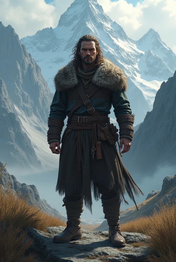 There is a man standing in a mountainous area. He is quite masculine, and has medium shoulder length hair, having a waviness to it and curls at the base of the neck, and the back goes down just past the base of his neck. . He also wears simplistic medieval clothing, looking somewhat like a Viking, short hair, little beard
