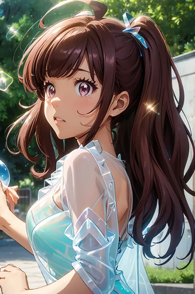 (Holographic Art:1.2)、masterpiece、Highest quality、whole body、One Girl (((Glass-like translucent and reflective dress))) 、Neon color background、Halation,Surreal、High resolution、detailed、Soft Focus、Delicate facial features、Perfect Eyes、Sharp pupils、Surprised expression、Written boundary depth、Bokeh、Sharp Focus、Long twin tails、Hair ornaments are sharp、Green light、Big soap bubble、Lighting by world-class AI creators