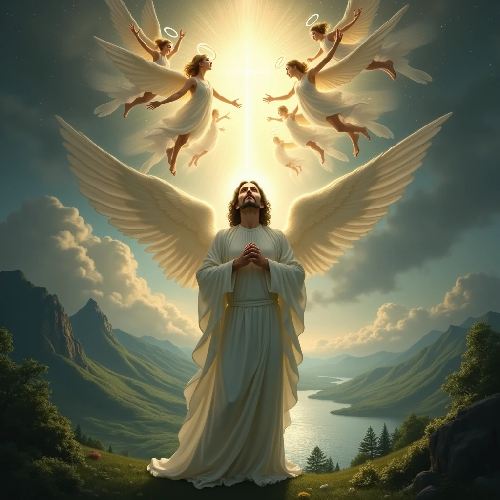 A person being crowned with a halo of light, surrounded by angels and other celestial beings. The darkness fades away, revealing a beautiful, heavenly landscape. The person's expression is one of awe and gratitude