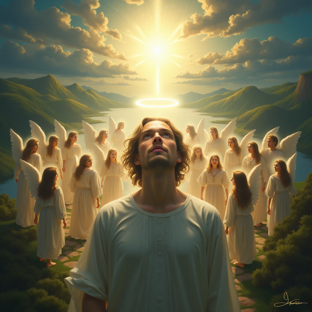 A person being crowned with a halo of light, surrounded by angels and other celestial beings. The darkness fades away, revealing a beautiful, heavenly landscape. The person's expression is one of awe and gratitude