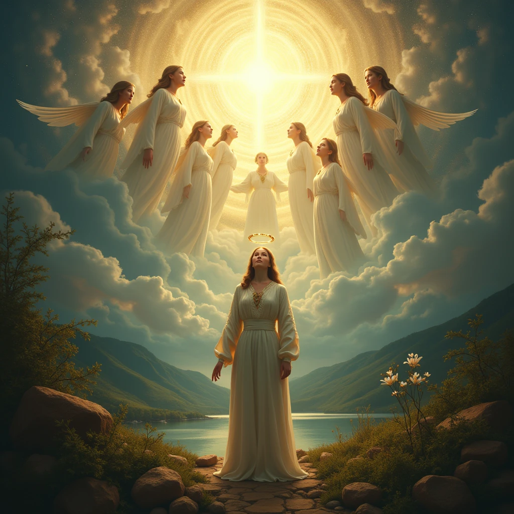 A person being crowned with a halo of light, surrounded by angels and other celestial beings. The darkness fades away, revealing a beautiful, heavenly landscape. The person's expression is one of awe and gratitude