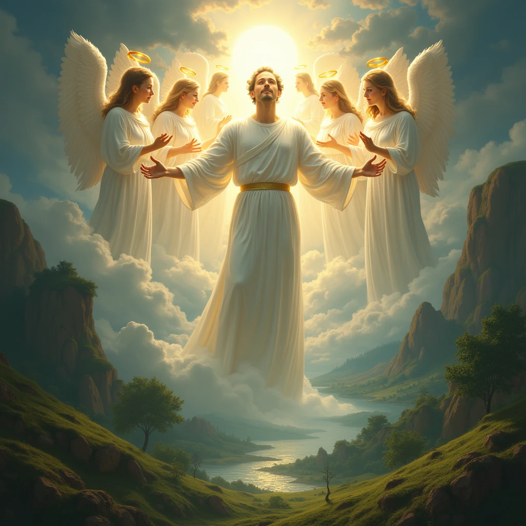 A person being crowned with a halo of light, surrounded by angels and other celestial beings. The darkness fades away, revealing a beautiful, heavenly landscape. The person's expression is one of awe and gratitude