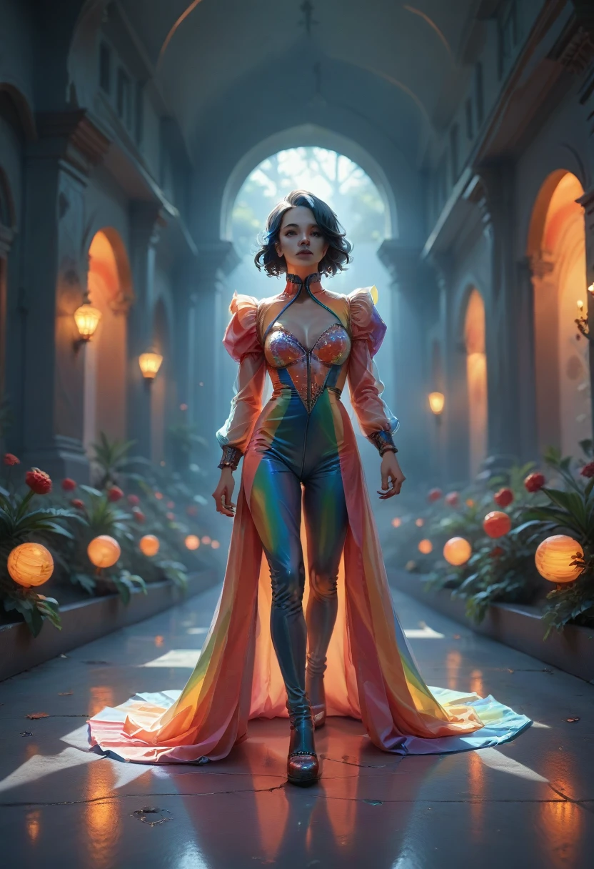 (masterpiece:1.4), (Best quality:1.4), extremely detailed, difficult, hyper detailed, illustration,soft lighting, picturesque, 1 girl, fromвращение, dark blue hair, colorful, painted, from_higher ,a vampire_suit , Runway