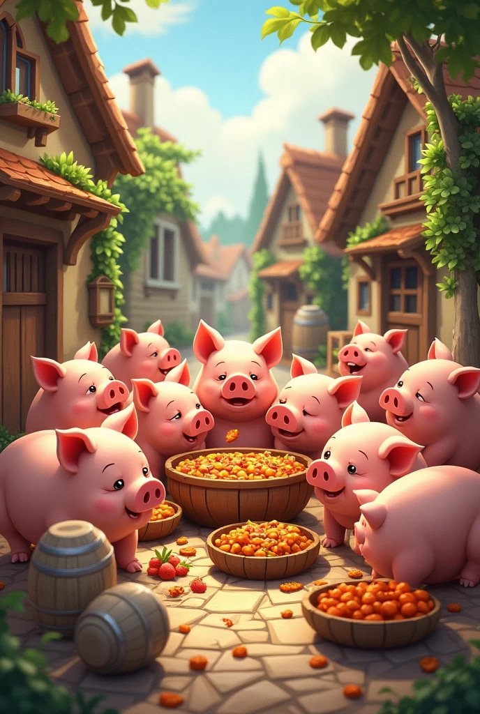 All the pigs in the village are eating food.

