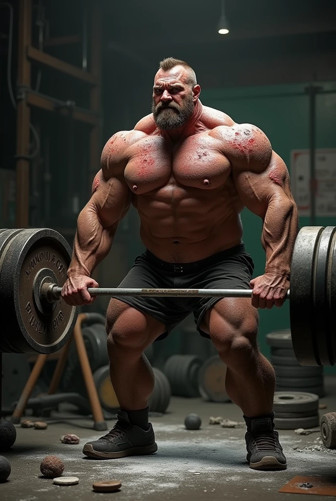 Bodybuilder with full acne drinking pulling weights 