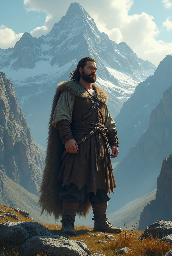 There is a man standing in a mountainous area. He is quite masculine, and has medium shoulder length hair, having a waviness to it and curls at the base of the neck, and the back goes down just past the base of his neck. . He also wears simplistic medieval clothing, looking somewhat like a Viking, short hair, little beard