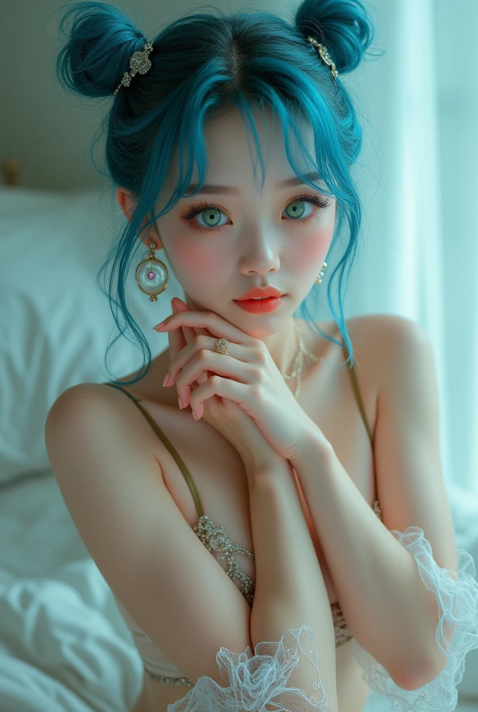 cute, asian girl, blue hair, beautiful, transparent lingerie, short hair, ponytails hair, cute earrings, rape necklace, glittering skin, indoor background, hands pose, smile, green eyecolor