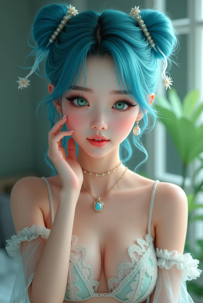 cute, asian girl, blue hair, beautiful, transparent lingerie, short hair, ponytails hair, cute earrings, rape necklace, glittering skin, indoor background, hands pose, smile, green eyecolor