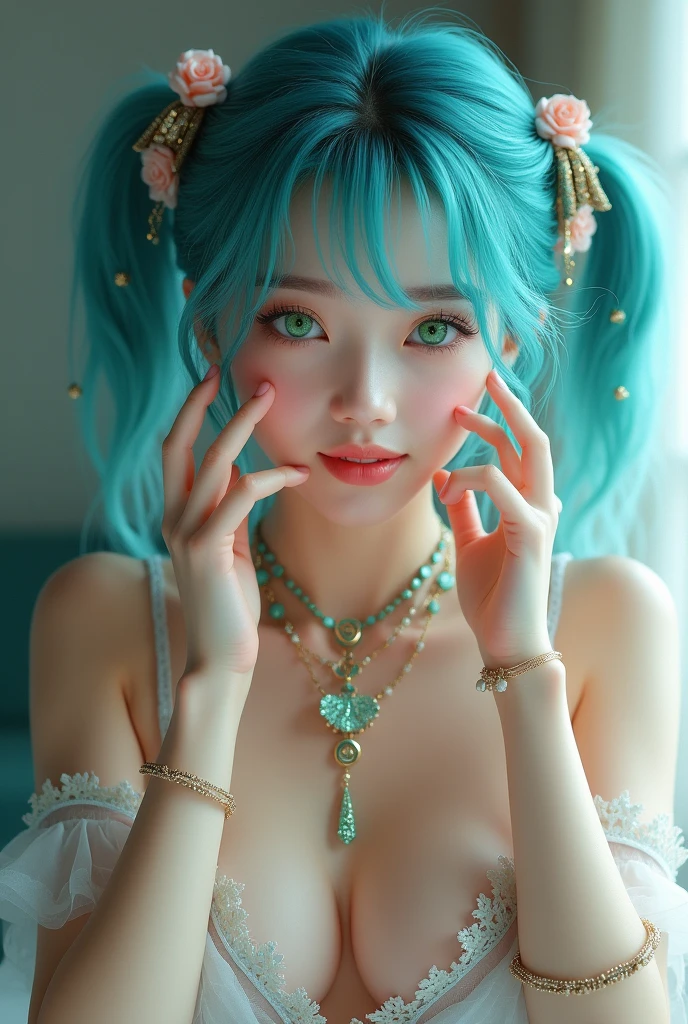 cute, asian girl, blue hair, beautiful, transparent lingerie, short hair, ponytails hair, cute earrings, rape necklace, glittering skin, indoor background, hands pose, smile, green eyecolor