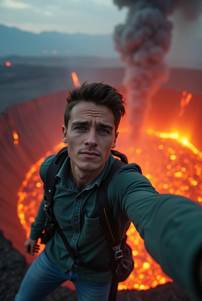 Last selfie. The young man is located right on the edge of an active volcanic crater, with smoke and ash rising into the sky. While taking the selfie, the ground beneath him shows signs of giving way, and the hot lava is visible inside the crater, creating an extremely dangerous and surreal scene. Oops.