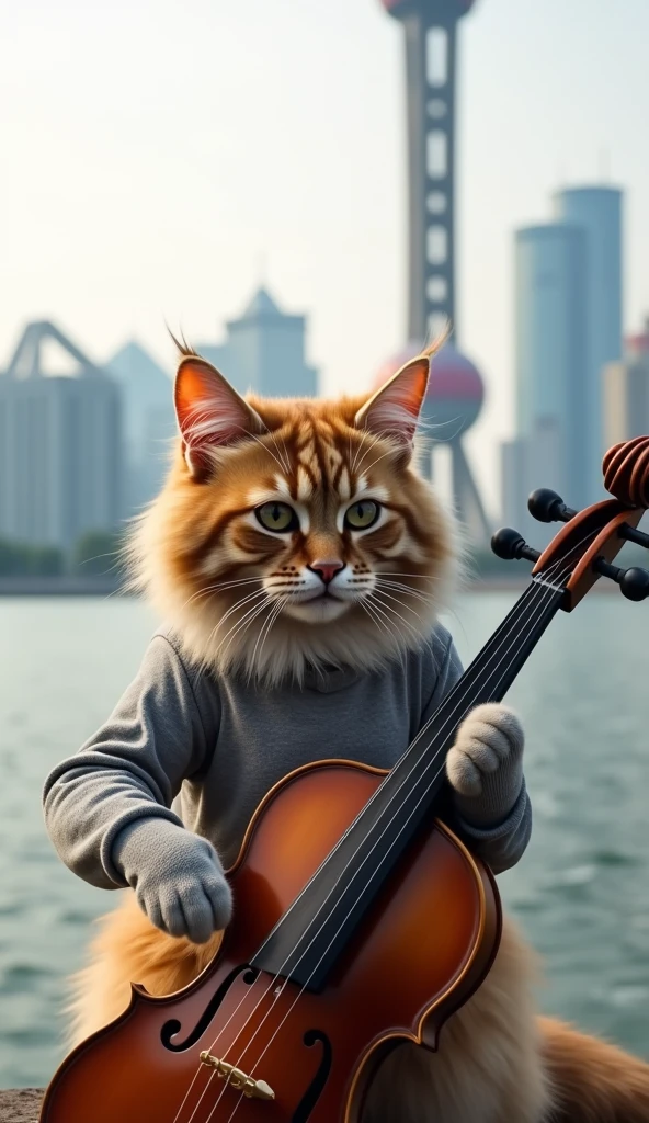 A Maine Coon cat,Sitting by the Huangpu River,Wearing a grey shirt,Holding the traditional Chinese musical instrument "Erhu",Eyes on the Erhu,Playing the erhu。The background is the Shanghai Oriental Pearl Tower