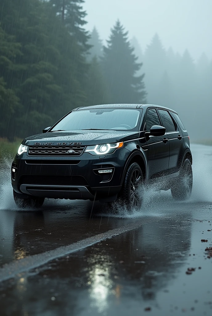 Land rover in black colour running in rain