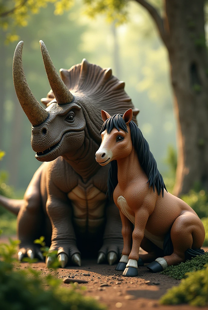 a brown unicorn with black hair and abs but slim sitting next to a dinosaur with three large horns (Triceratops) who is also sitting 