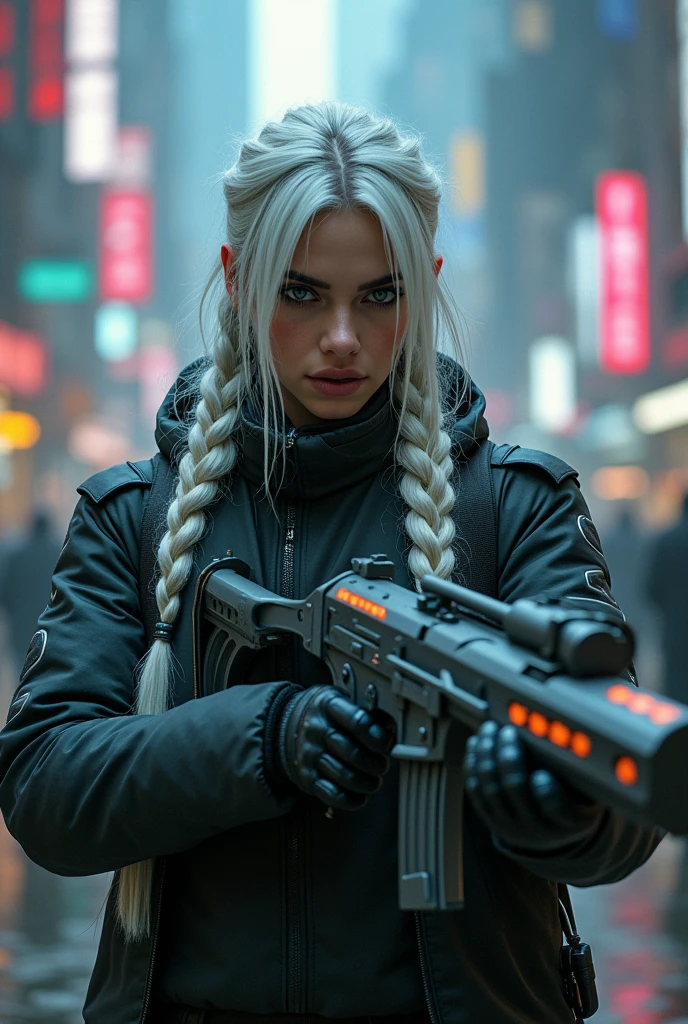 A white-haired woman, in a cyberpunk world. Carrying a weapon with colored lines indicating empty or loaded. 
The hair being two equal braids
+18

