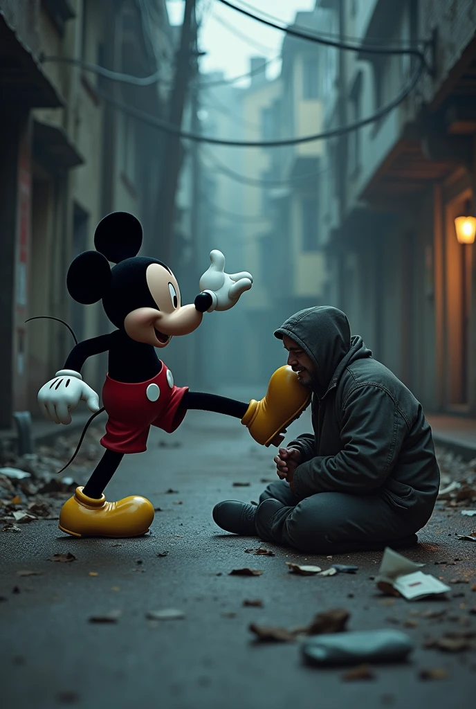 Mickey kicking a homeless man