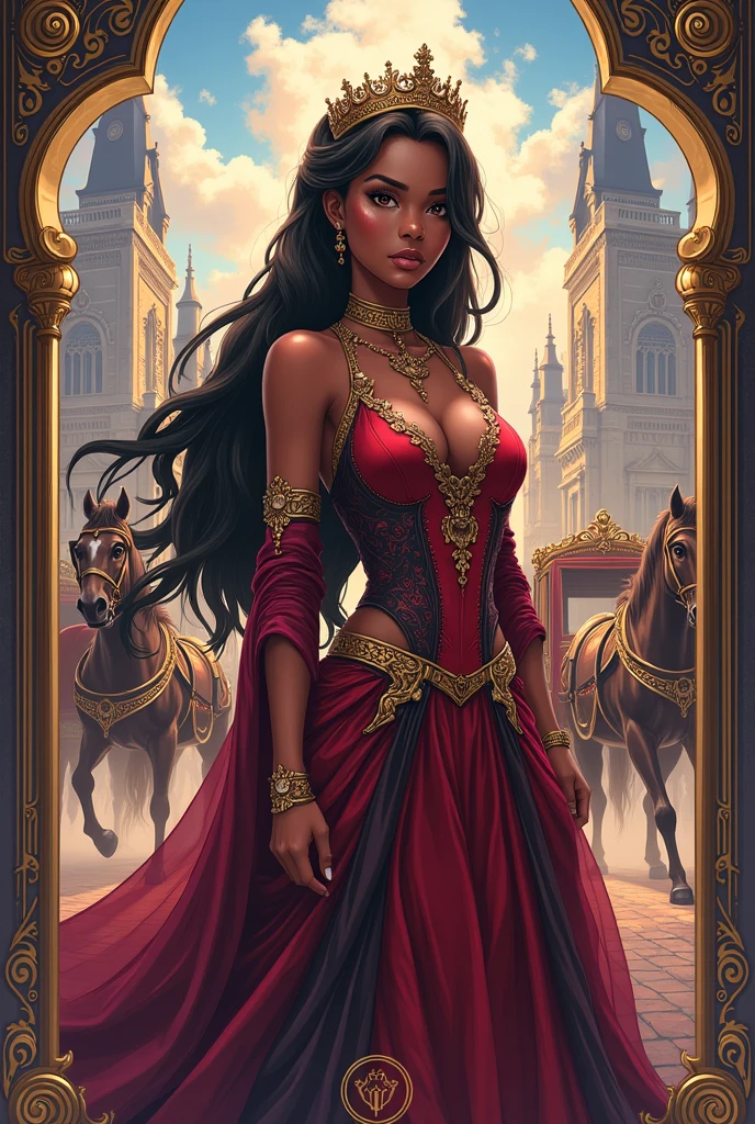 tarot card Anime illustration, otome isekai, black female, buildings in background, carriages and horses