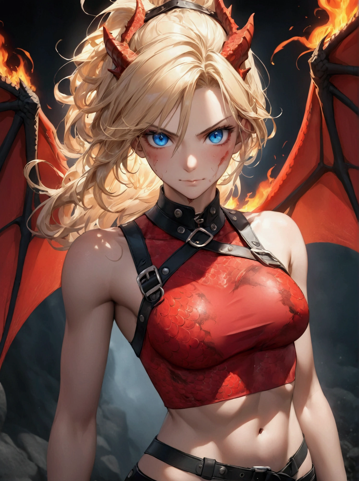16 year old Adriana Lima, ultra detailed face, ultra detailed blue eyes, long blonde hair, horns, (red dress, skirt), (((masterpiece, large demon wings:1.3)))