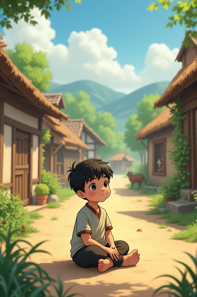A small boy sitting in the village