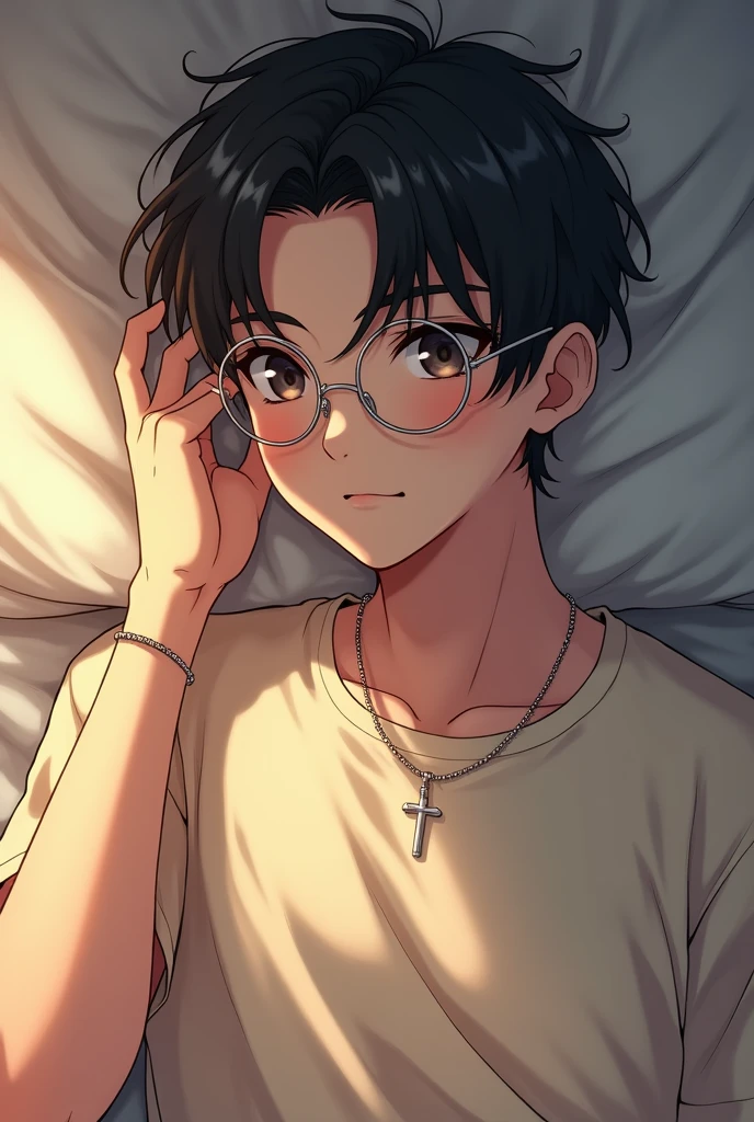 Anime hot guy with short dark hair wearing round glasses, wearing a cream colored t-shirt silver necklace and silver bracelet in his bed