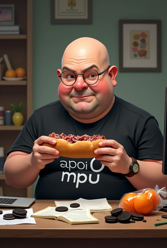 white male, 40 year old, baldie, completely smooth face, no fur, bochechas grandes, Scrawny, but very pot-bellied, wearing light glasses and eating baguette with lots of ham. Sitting behind a somewhat cluttered desk with a computer, stacks of papers, crumbs and lots of Oreo cookies. Wearing a black shirt with the following phrase: APOI0 MPU, an Oreo cookie logo on the shirt, besides a bag of tangerines on the table.