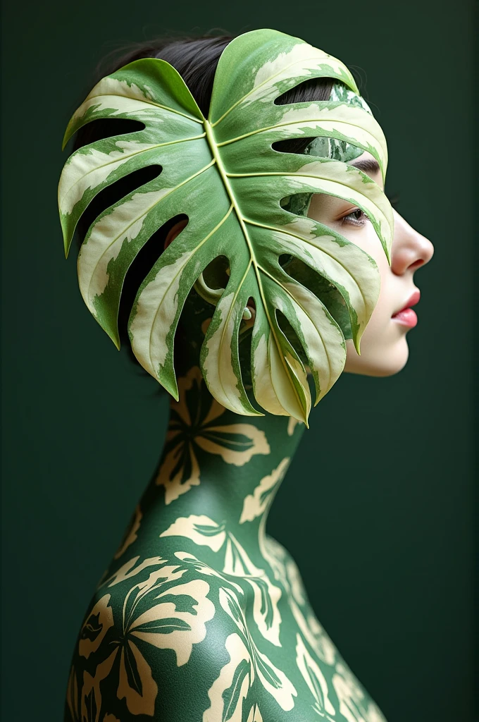 anthropoturnic Monstera Variegata Thai Constellation , Its leaves have hints of creamy white and light green, Human head of a 2 Spanish style model girl, neck growing from the ground, Creamy white green leaves of the neck, turn, fall, realism fotográfico, 4k,realism