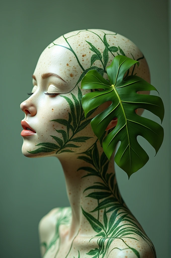 anthropoturnic Monstera Variegata Thai Constellation , Its leaves have hints of creamy white and light green, Human head of a 2 Spanish style model girl, neck growing from the ground, Creamy white green leaves of the neck, turn, fall, realism fotográfico, 4k,realism