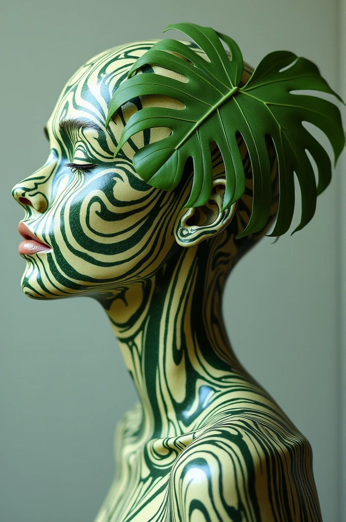 anthropoturnic Monstera Variegata Thai Constellation , Its leaves have hints of creamy white and light green, Human head of a 2 Spanish style model girl, neck growing from the ground, Creamy white green leaves of the neck, turn, fall, realism fotográfico, 4k,realism