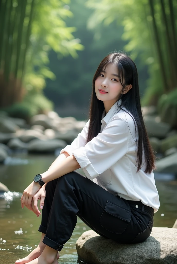 Beautiful Korean girl with smooth white skin, well-groomed face, thin smile long straight black hair, ruby red with white squares ,White shirt ,Black cropped pants with lots of pockets. Cool watch, Posing sitting on a rock beside a very beautiful and exotic waterfall, under the waterfall the river looks calm, stones in the water , there are flowers on the banks of the river"very beautiful small flowers look real, green bamboo forest background, sunlight penetrates through the gaps in the bamboo trees, original photo